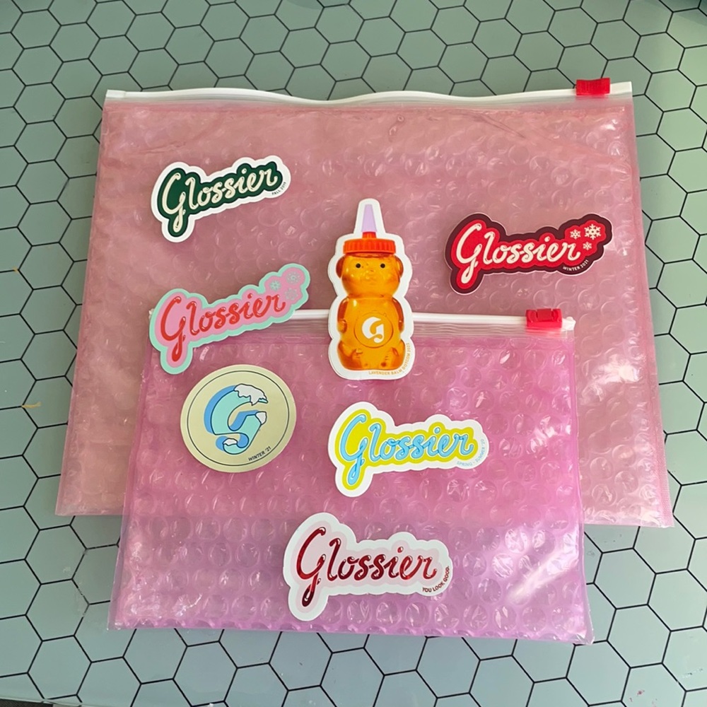 Glossier pouch set and sticker set, RARE